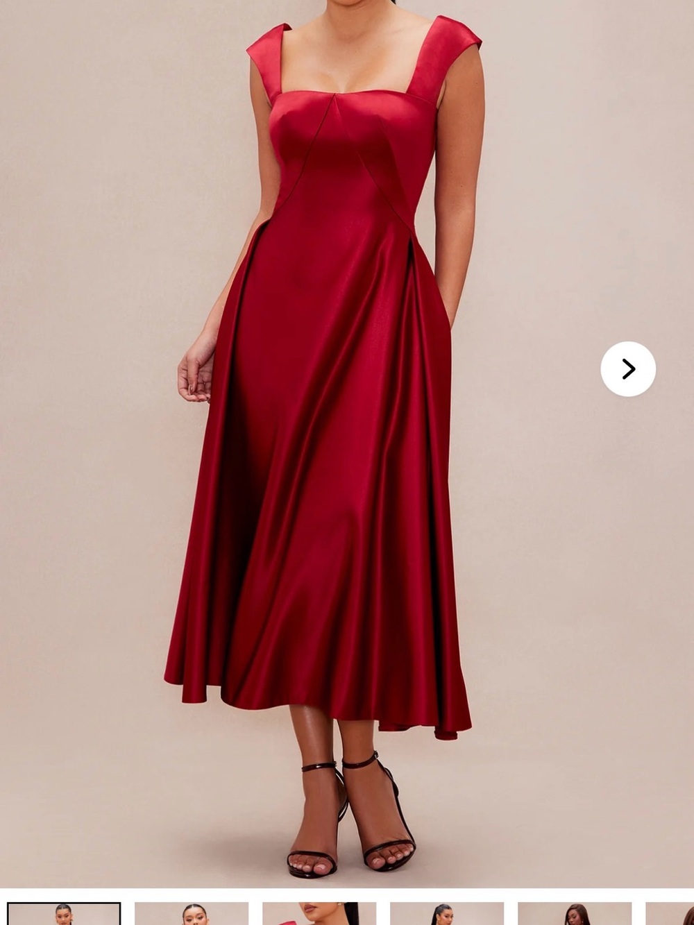 Fashion Nova Luxe Red Crimson Satin Midi Dress with Square Neck
